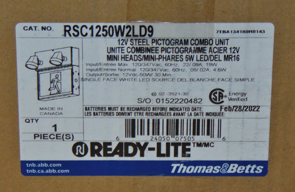 New THOMAS & BETTS READY-LITE RSC1250W2LD9 PICTOGRAM COMBO EXIT SIGN QUANTITY