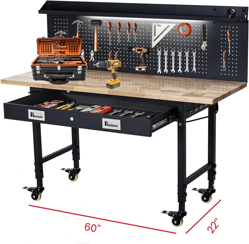 Adjustable Workbench 60''x22''with Power Outlets, Lights, Storage Drawer,Rolling
