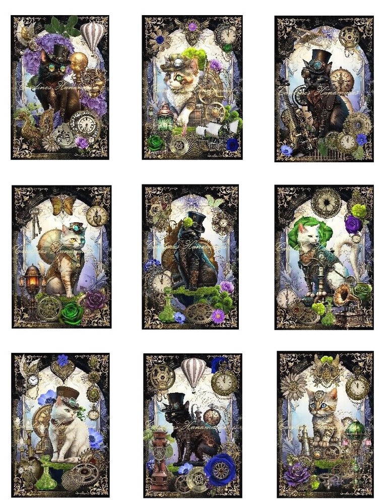 Steampunk Cats C Designer MULTI-SIZE SET Cotton Fabric Quilt Blocks