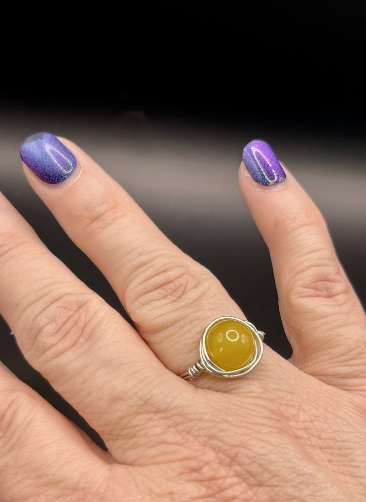 Wire Wrapped yellow stone Ring. Size 8. Silver Wire.