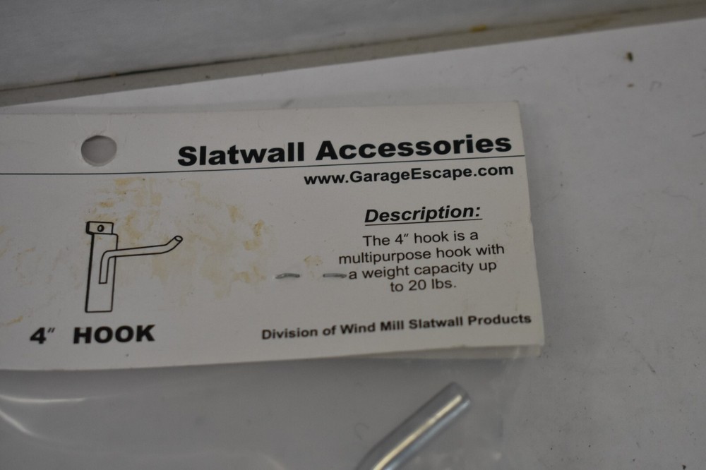 GarageEscape 4" Slatwall Single Hooks 4 Pack 03112010 Multipurpose Lightweight