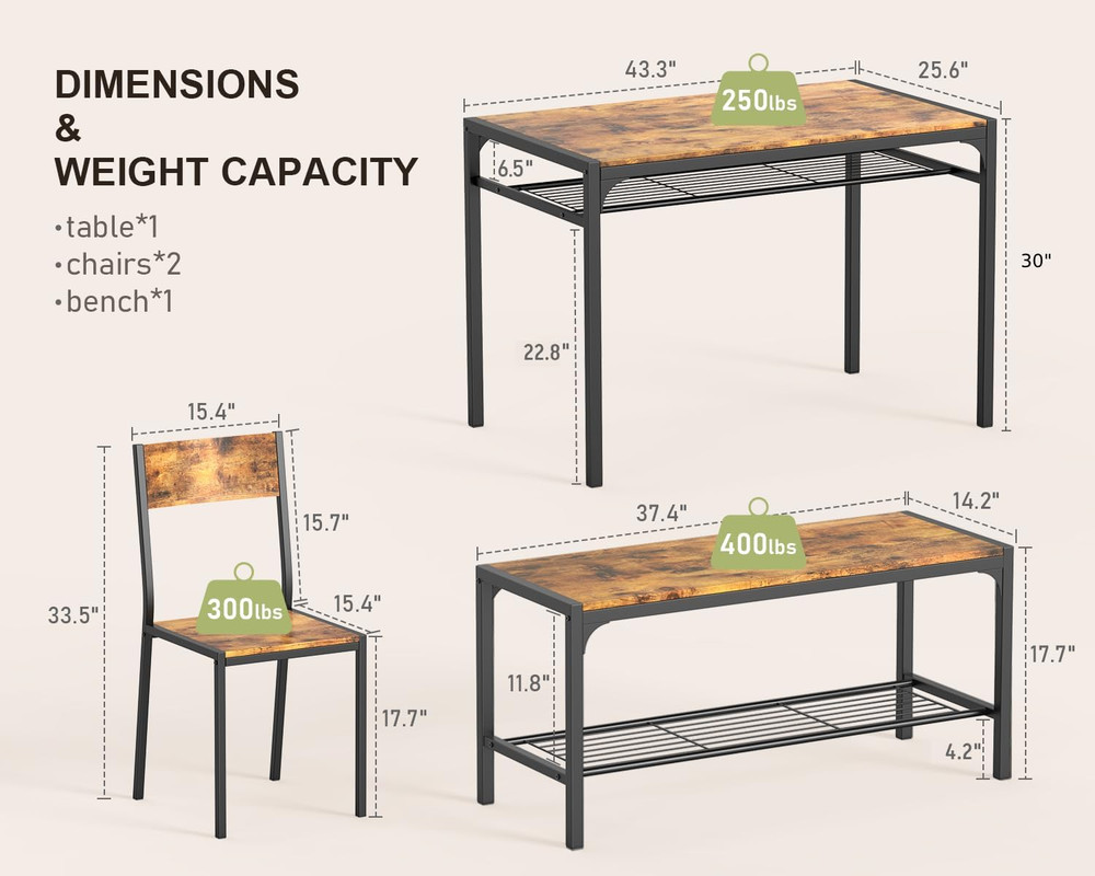 Kitchen Table and 2 Chairs for 4 with Bench, 4 Piece Dining Table Set for Small