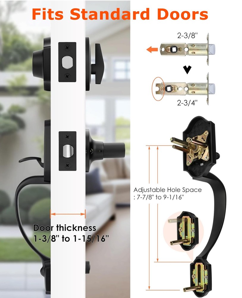 Haidms Matte Black Front Door Handle and Deadbolt Set, Passage,
