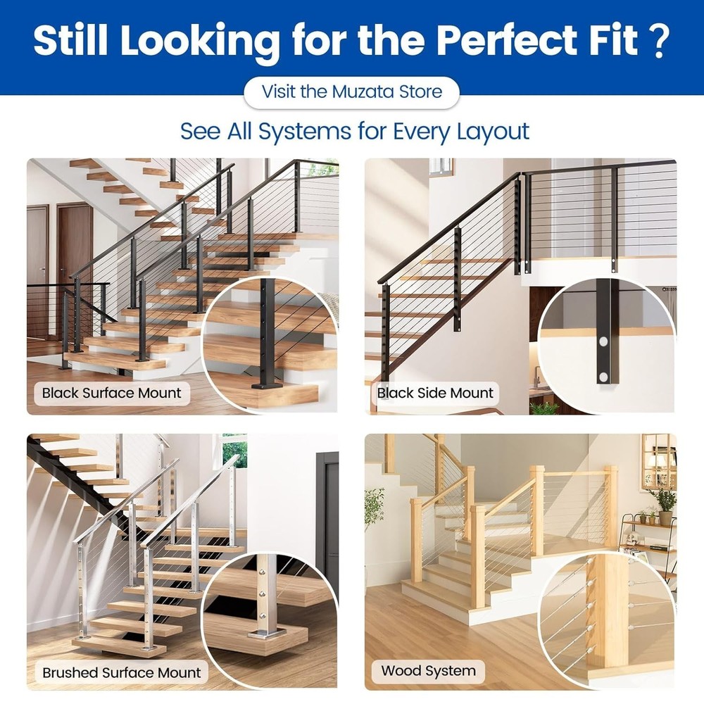 42" Side Mount Cable Railing Post Level Drilled Space-Saving Brushed Stainless