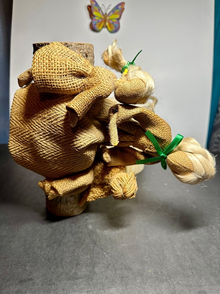 Vintage Burlap Figures Sitting On Real Log