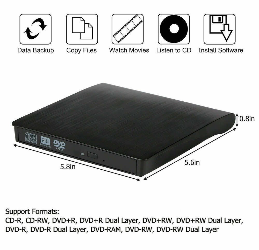 Slim External CD/DVD Drive USB 3.0 Player Burner Reader for Laptop PC Mac HP