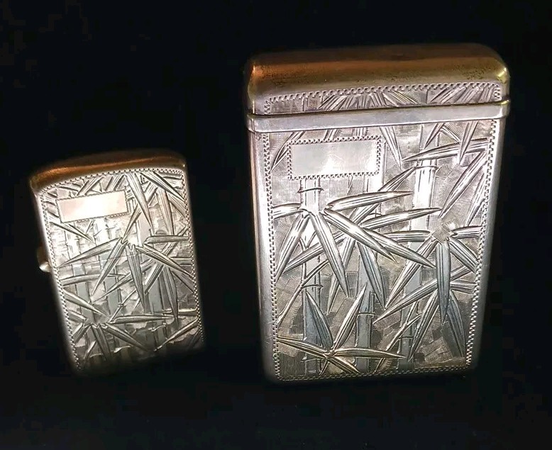 ANTIQUE 950 Silver Japanese Bamboo Lighter & Cigarette Case