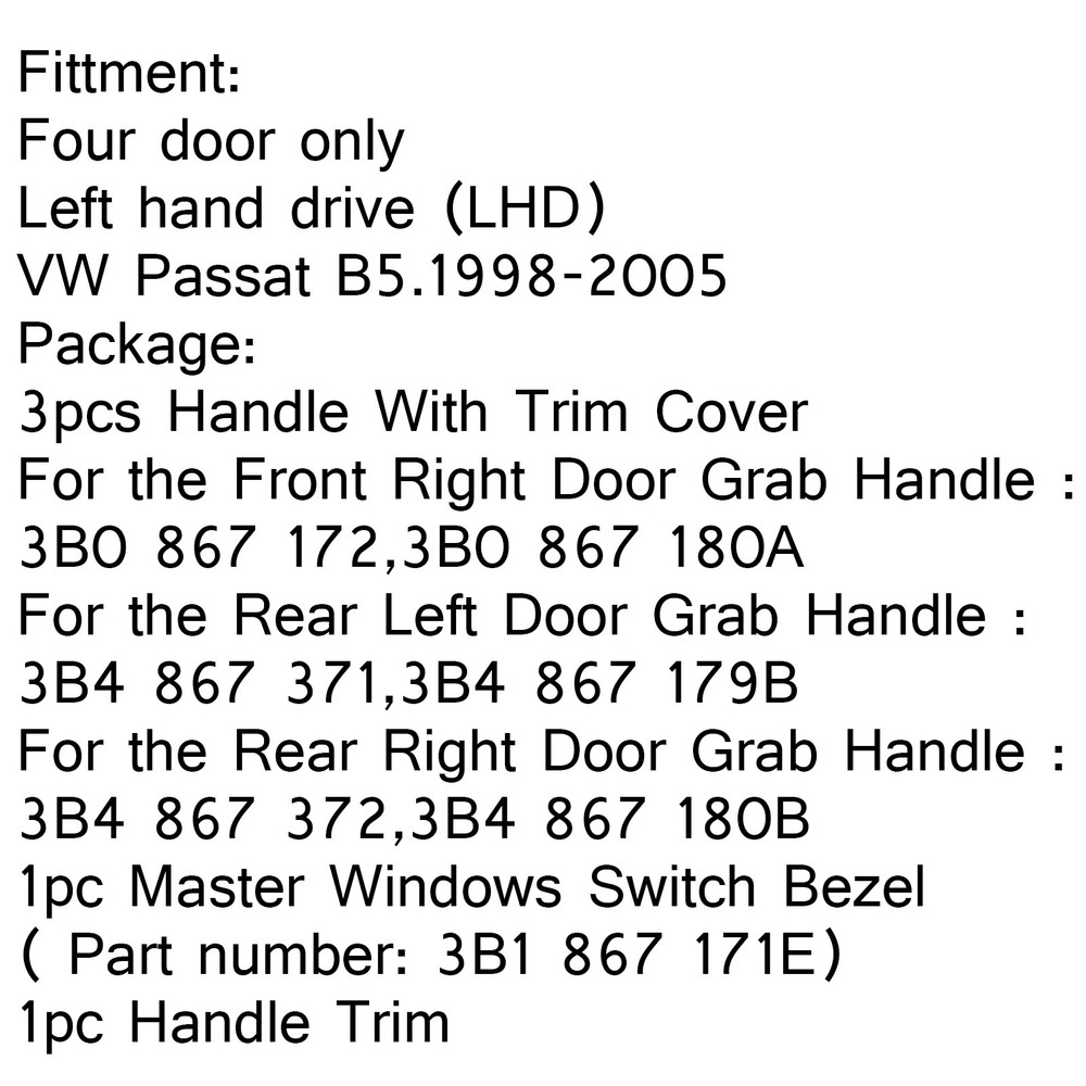 5x Black Interior Door Pull Handle Window Control Panel For VW Passat B5 98-05