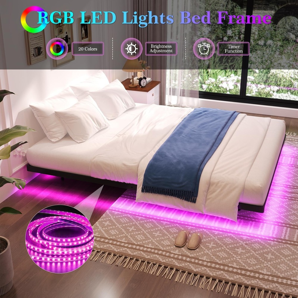 Floating Bed Frame Queen Size, Queen Bed Frame with Smart LED Lights, Heavy D...