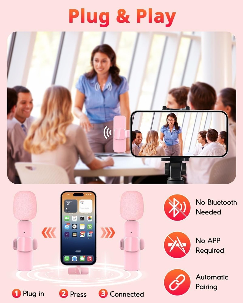 Pink Mini Wireless Microphone for iPhone & Android, Lavalier Microphone with Noi
