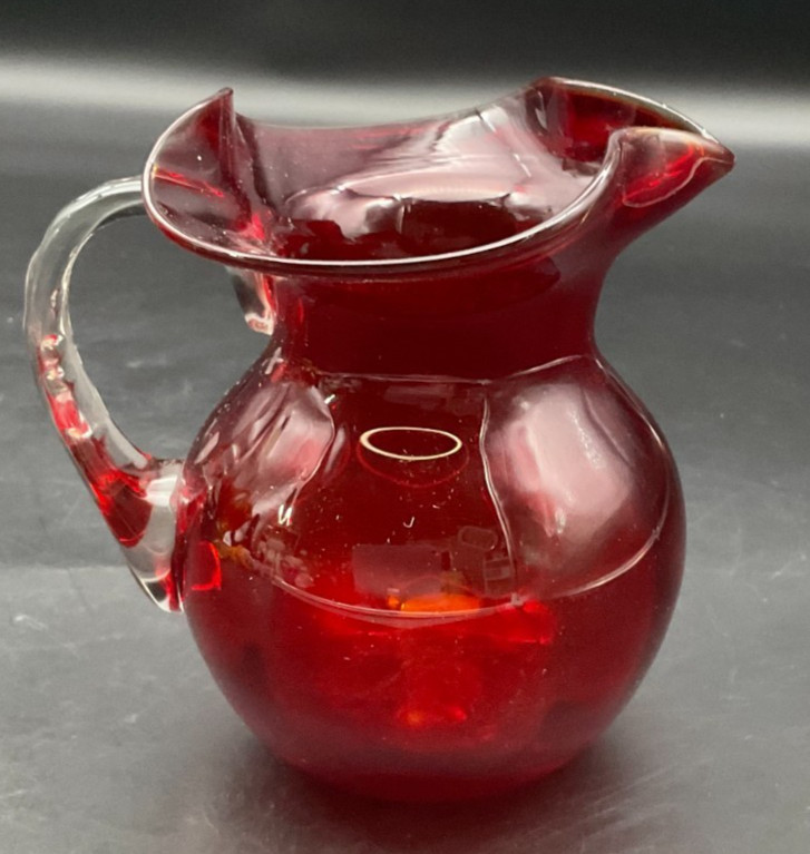 MCM Handblown Ruby Red Ruffled Clear Glass Handle Pitcher 5"