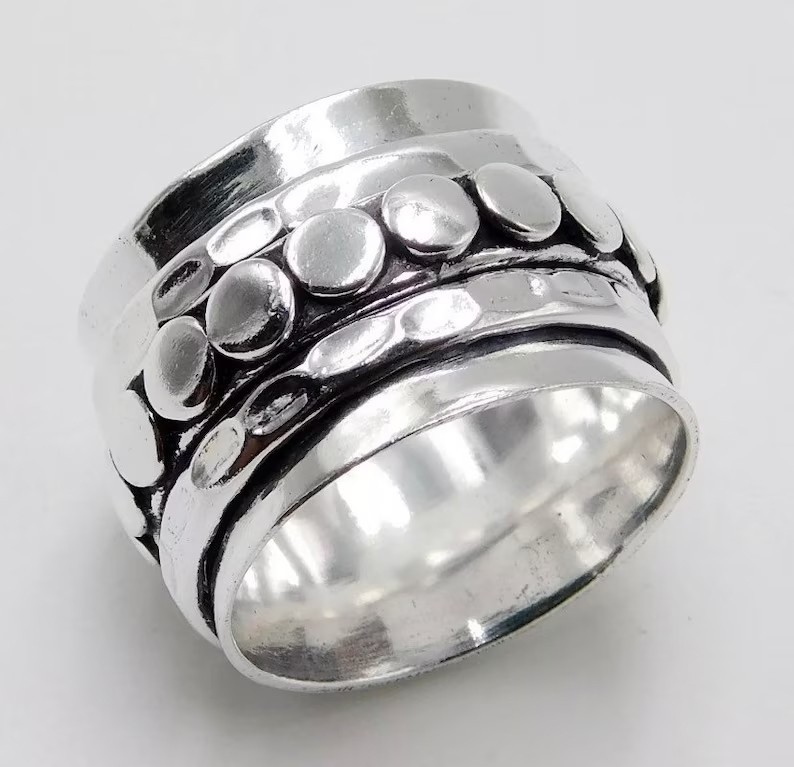 Solid 925Sterling Silver Spinner Wide Hammered Band Anxiety Fidget Handmade Ring