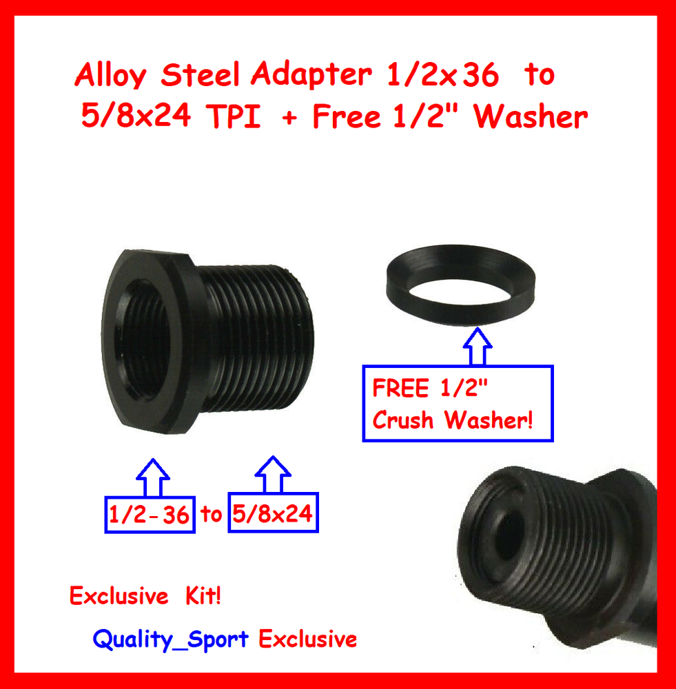 Steel Muzzle Thread Adapter From 1/2x36 to 5/8x24 TPI conversion Black