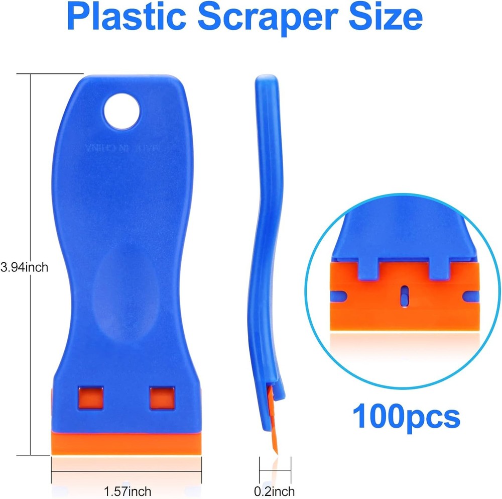 4 Pcs Plastic Razor Blade Scraper and 100 Blades, Remove Label Decal Blue