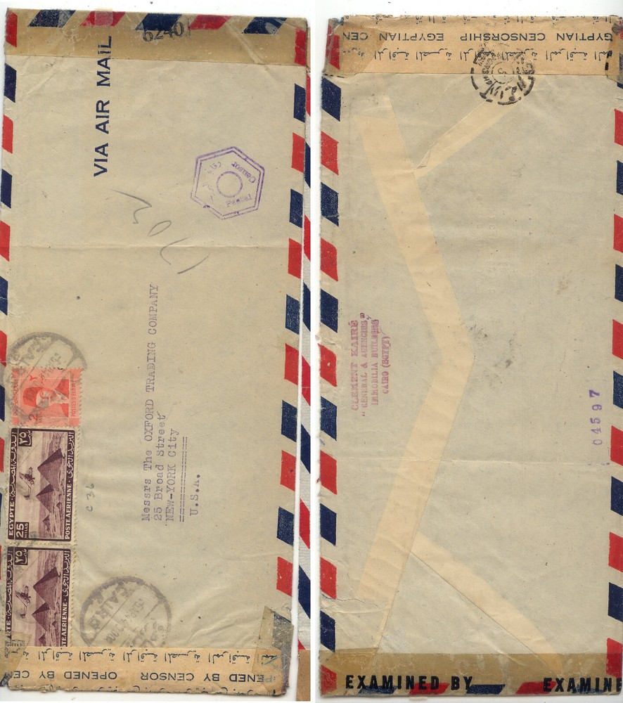 Egypt  double  censor cover to  US