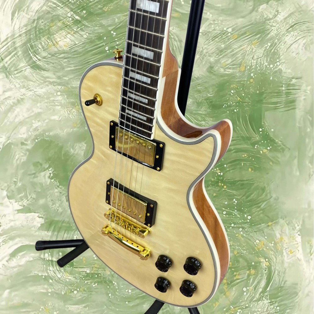 Electric Guitar Natural Wood Finish Rectangular Inlay Fixed Bridge 6-String