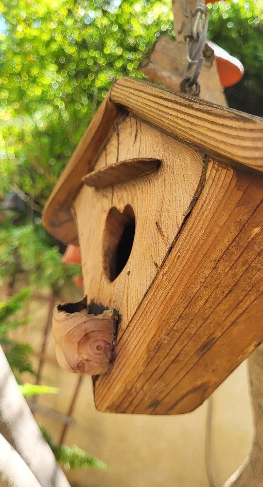 Vintage Triangular Hanging Birdhouse In Solid Oak, Heart Shaped Entry, Good Cond
