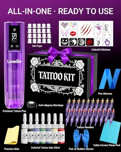 Wireless Tattoo Kit Complete for Beginners Pen Machine with Power Supply Needles