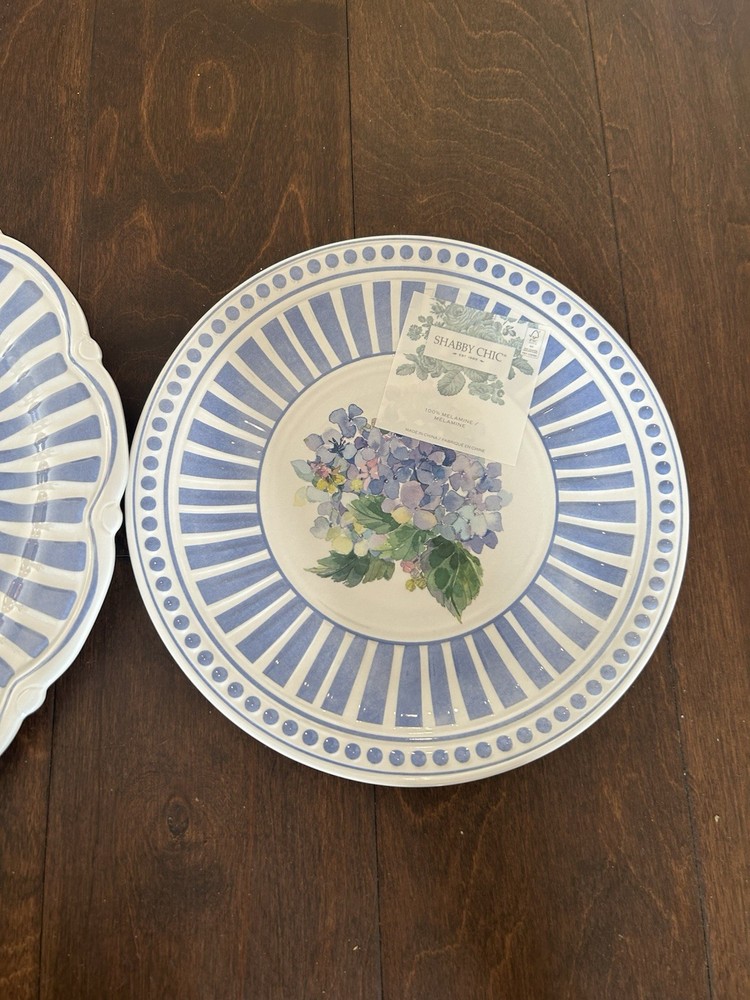Shabby Chic 8 Pc Melamine Dinnerware Set Hydrangeas Striped Floral New