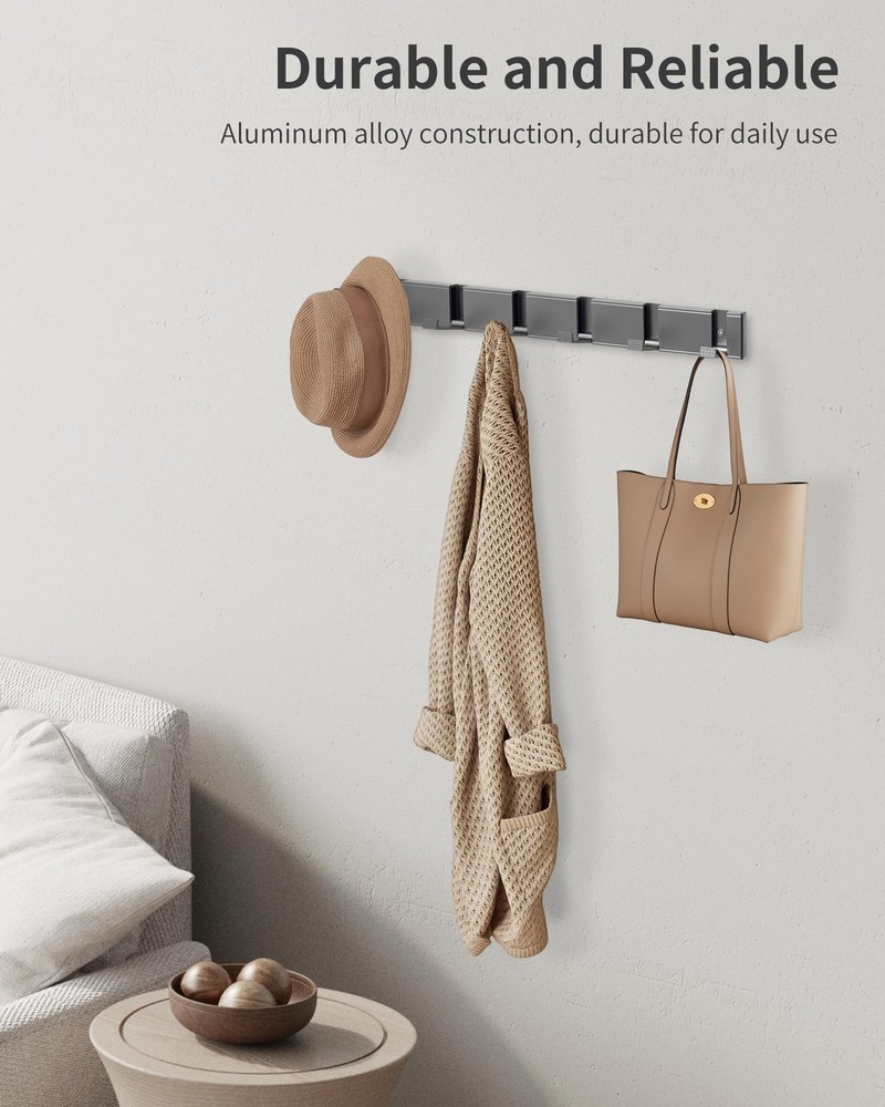 Coat Rack Wall Mount with 6 Hooks Folding Coat Hooks for Wall Coat Rack Bathr...