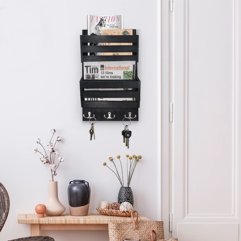 Rustic Mail Organizer Wall Mount with 4 Key Hooks,Mail Holder Wall Mounted，Ha...