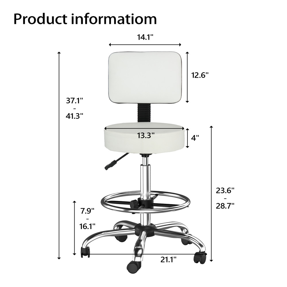 Rolling Garage Stool Adjustable Mechanic Work Shop Seat with Back Support White