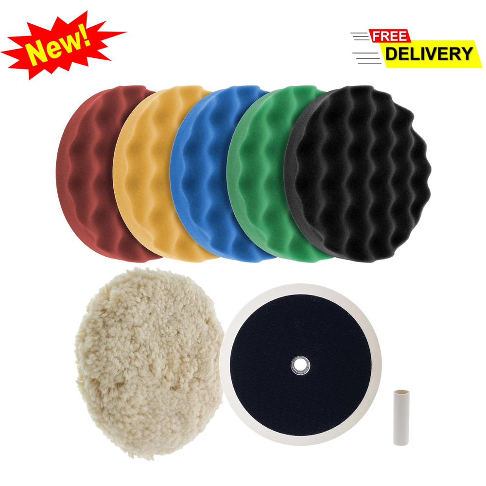 8" Polishing Buffing Pad Kit 6pc Foam and Wool Set 5/8" Thread Backing Plate