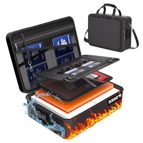 Fireproof Document Box with Lock＆Shoulder Strap, Fire Proof Safe For Home