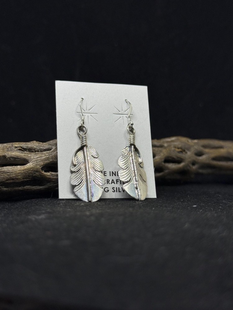 Handmade Native American Navajo Plain Sterling Silver Dangle Feather Earrings