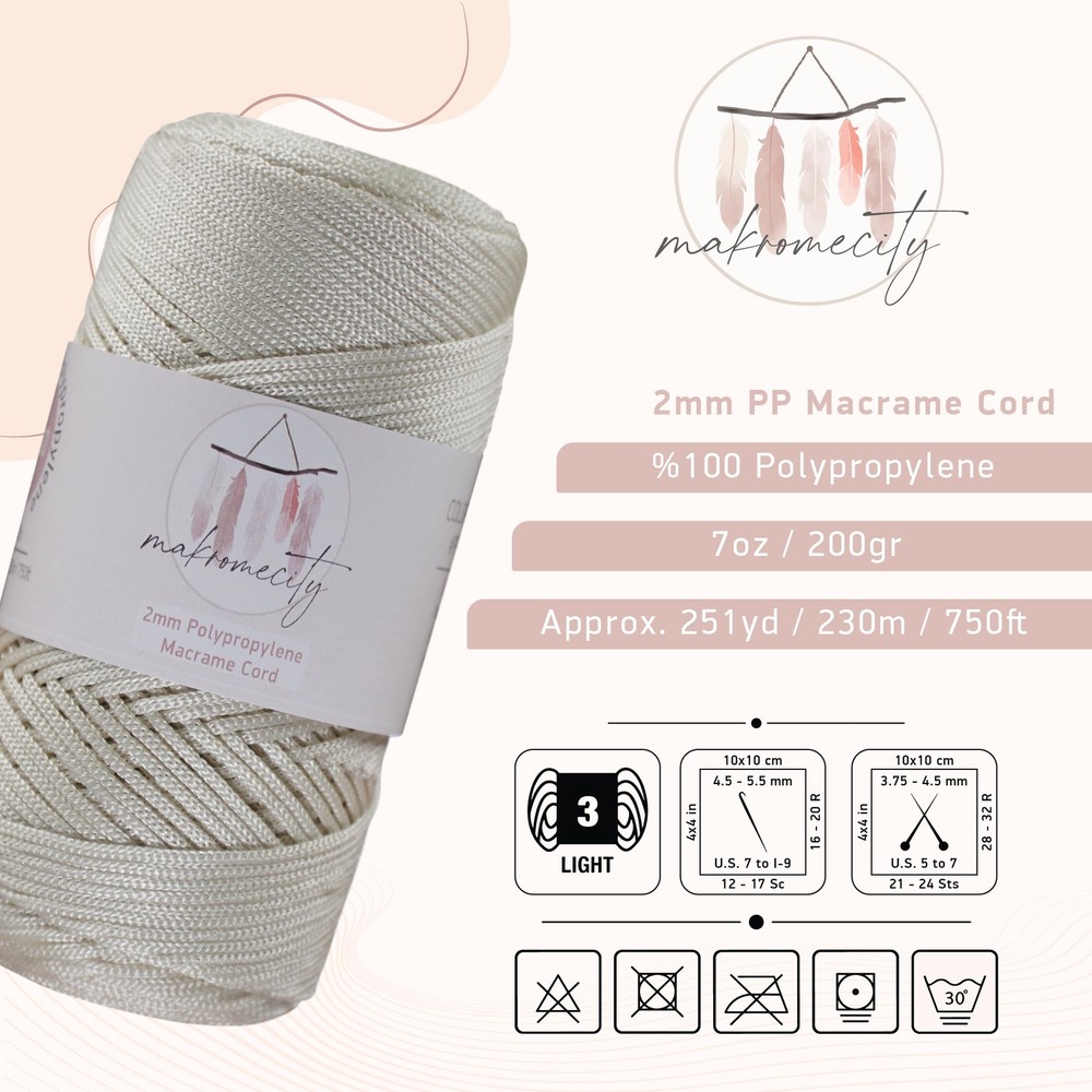Polyester Macrame Cord 2mm x 250 Yards 750 feet 2mm Polypropylene Macrame Co...