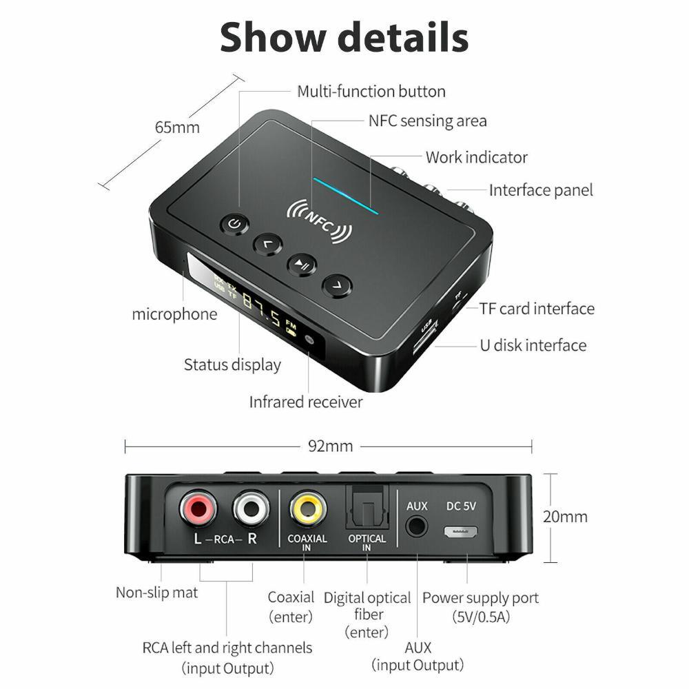 NFC Multi-Function Wireless Bluetooth 5.0 Transmitter Receiver Adapter 3.5mm AUX