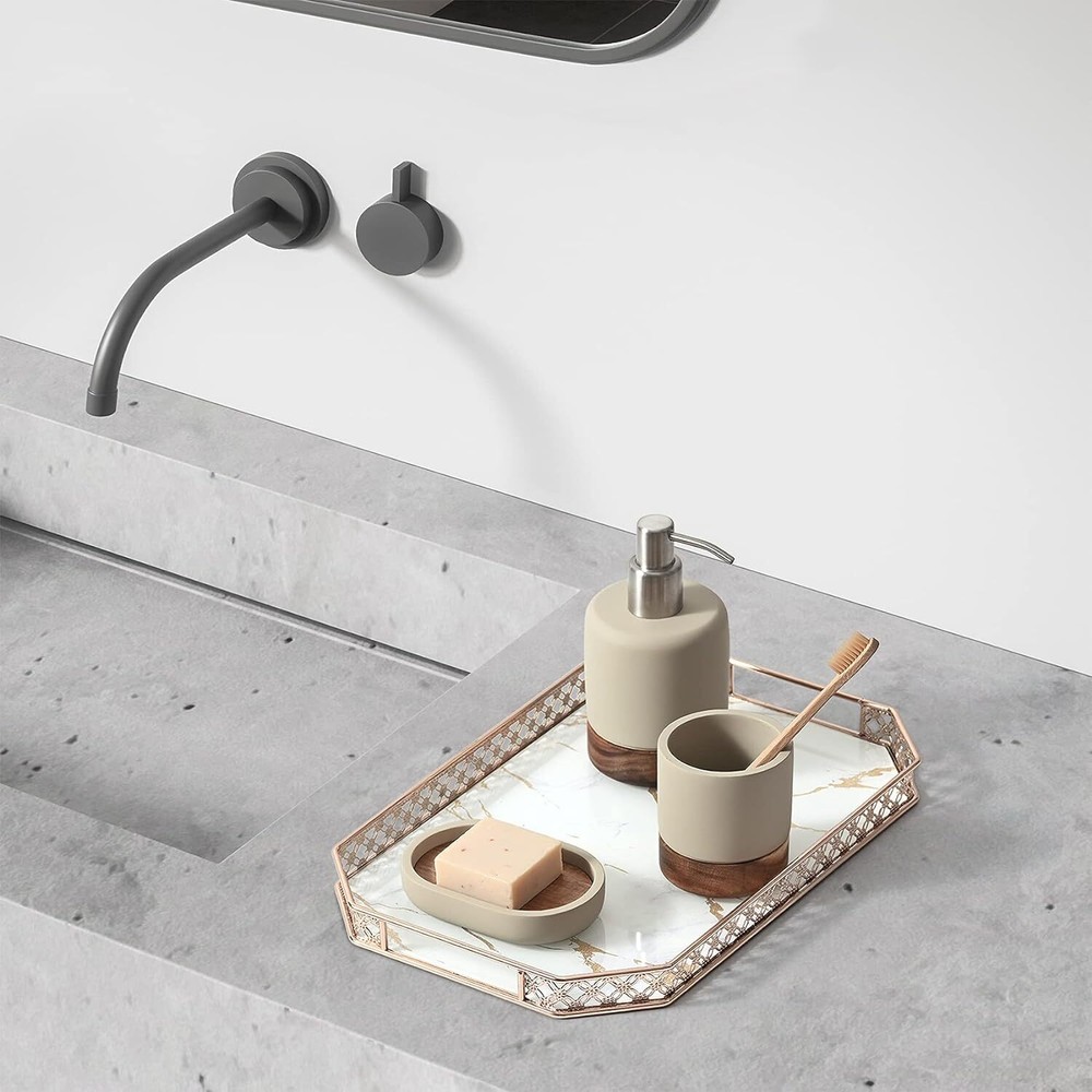 Bathroom Accessories Set 3 Piece Bath Ensemble Includes Gray and Natural Wood