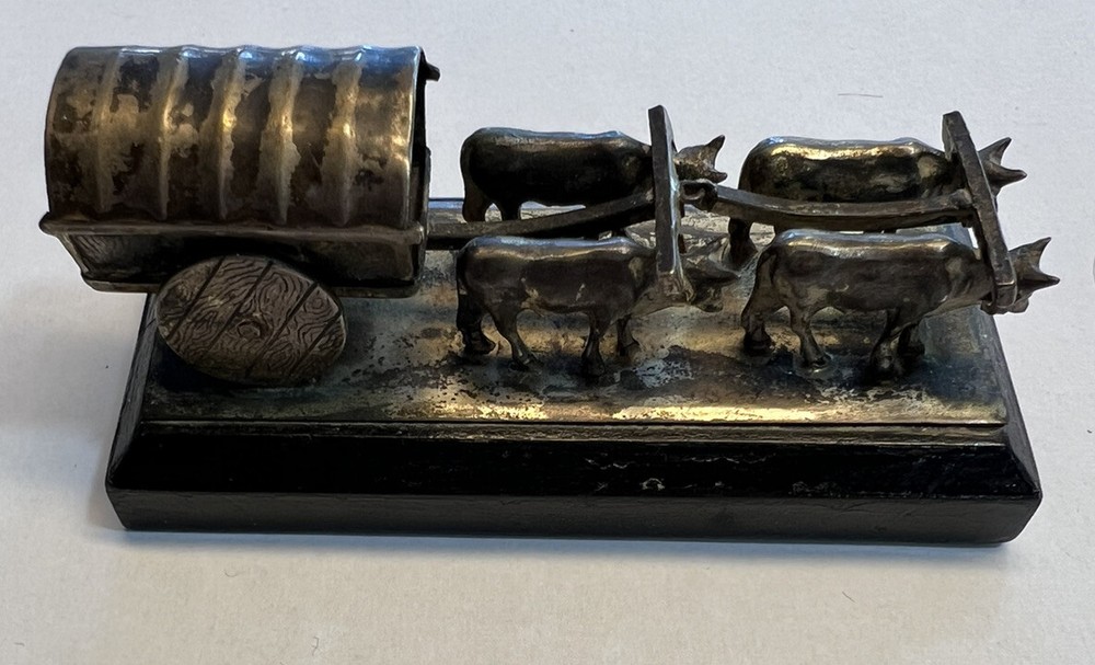 Antique Silver Statue Paperweight Oxen Pulling Cart Wagon