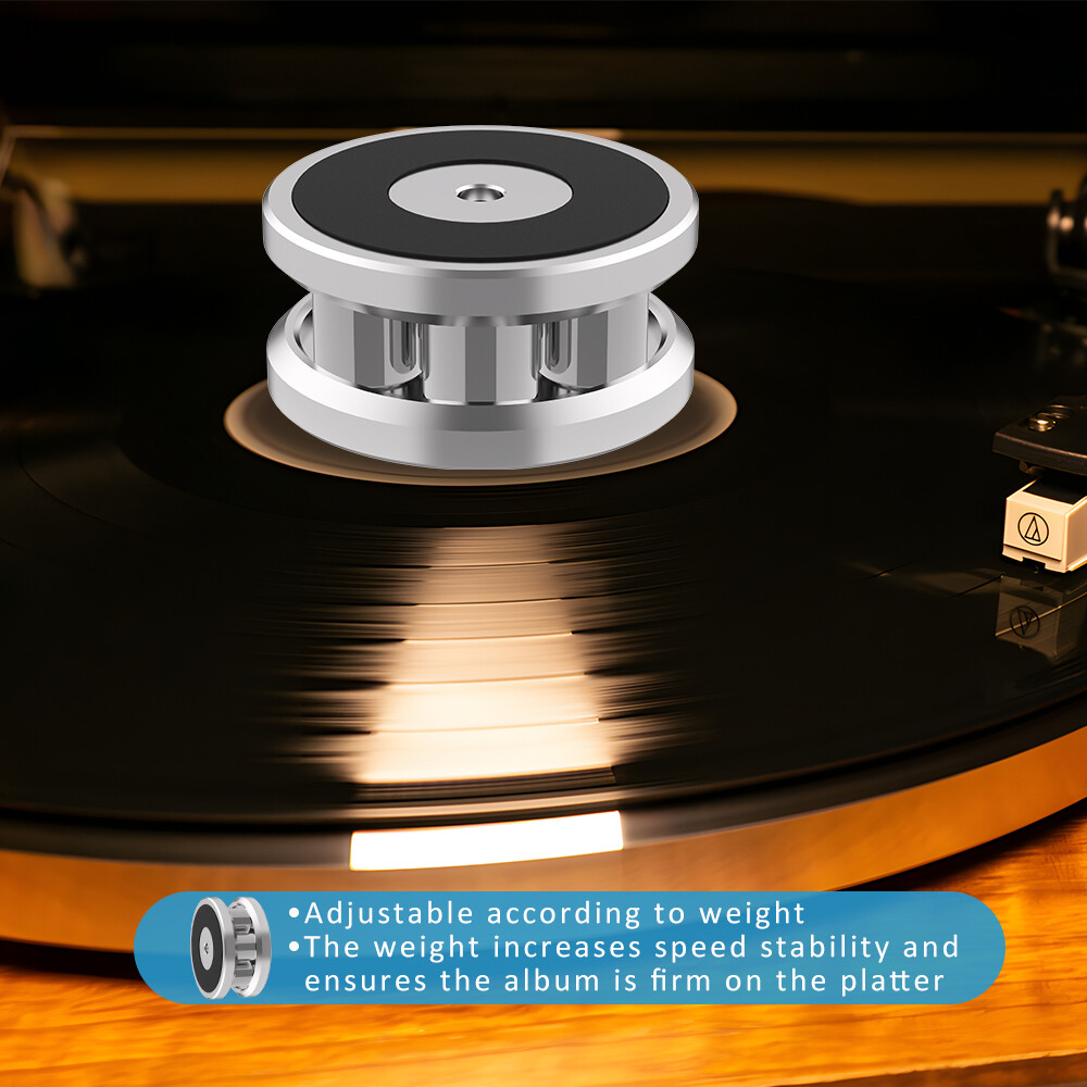 Rotary disc vinyl weight stabilizer with adjustable disc clamp damper-