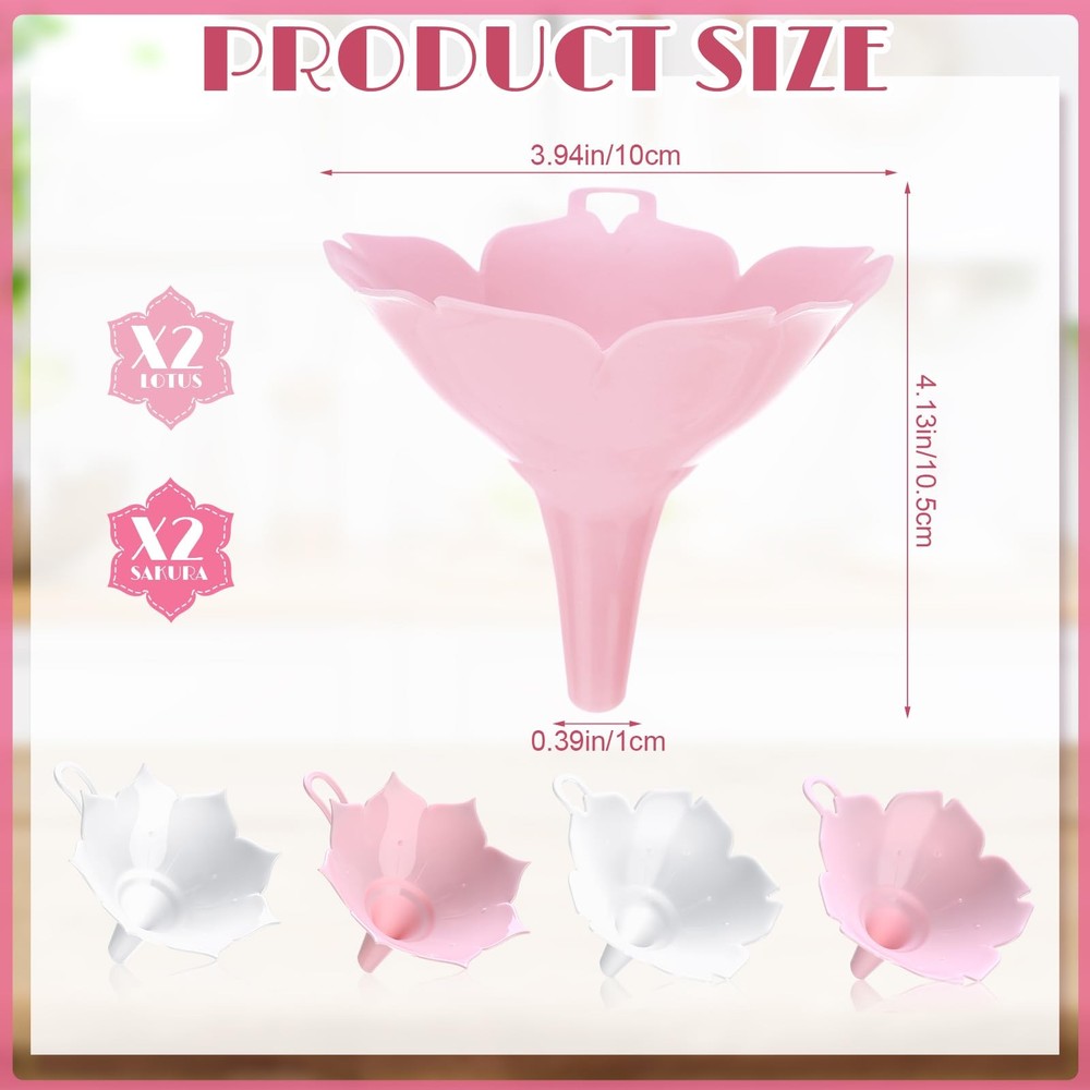 LemonRoad 4pcs Different Flower Plastic Kitchen Funnel Hangable White, Pink