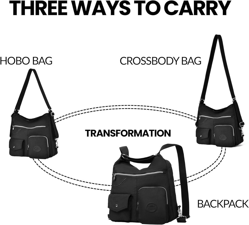 Multipurpose Hobo Purse for Women with Antitheft RFID, Waterproof Nylon Black