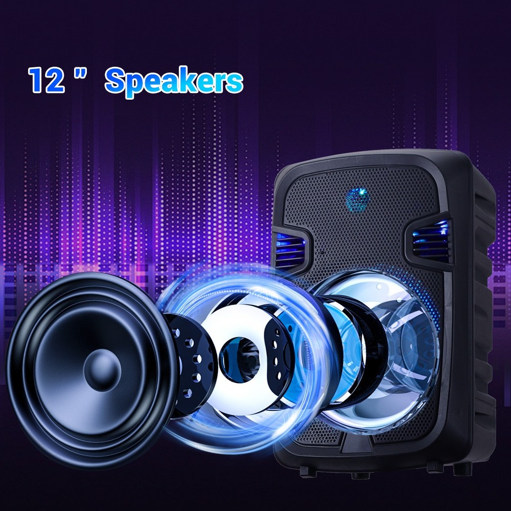 Bluetooth Speaker System 12 Inch Subwoofer with Stand Includes Mic/Guitar Input