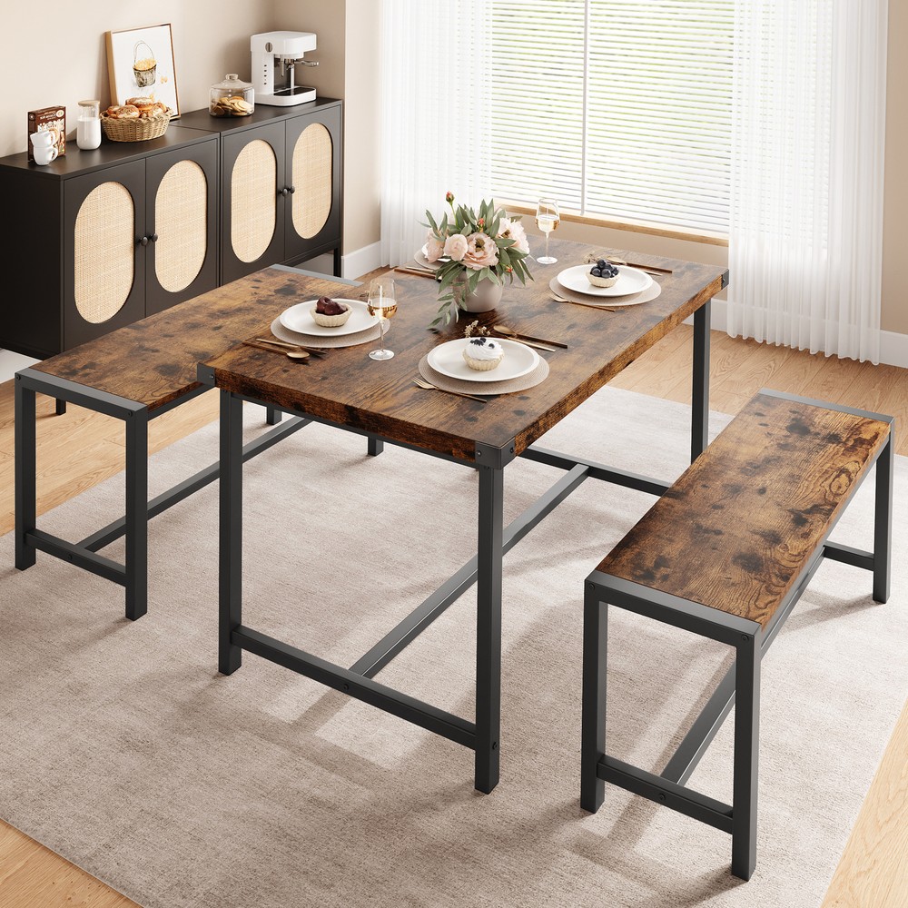 3-Pieces Dining Table Set for 4, Kitchen Table with 2 Benches, for Small Space