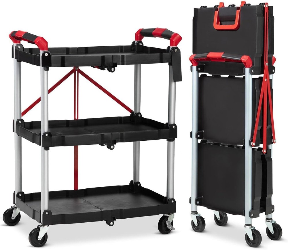 3-Tier Rolling Cart w/Lockable Wheels Foldable 56Lbs Per Shelf Utility Organizer