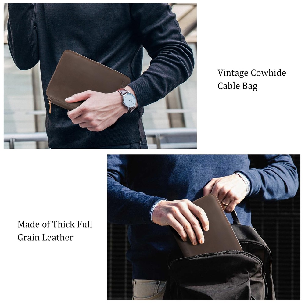Double Layer Leather Travel Cable Organizer Bag for Electronics Storage