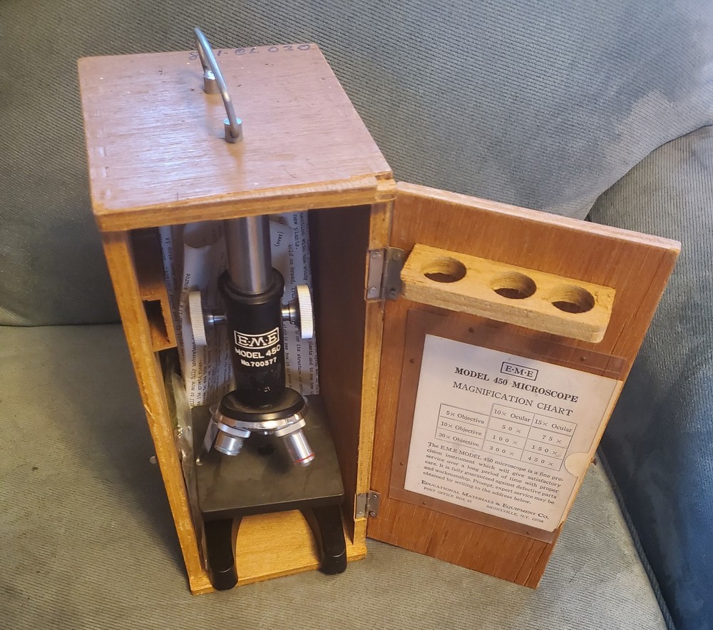 EME Model 450 Mircroscope with Wood Case Slides Instructions