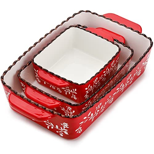 3 Pack Ceramic Bakeware Set, Porcelain Rectangular Baking Dish Lasagna Red