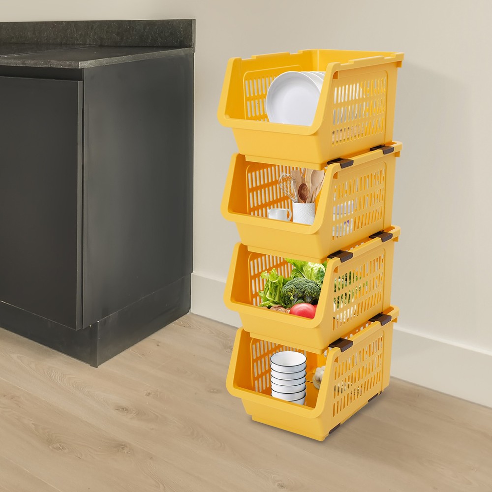 Stackable Plastic Storage Bins 4PC Yellow – Space Saving Organizer Set