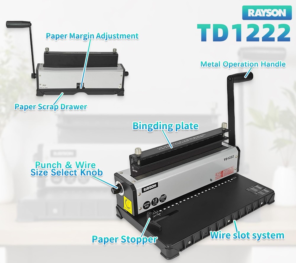 Rayson TD1222 Wire Binding Machine - 2:1 Pitch, Holes, 220 Sheet Binding..