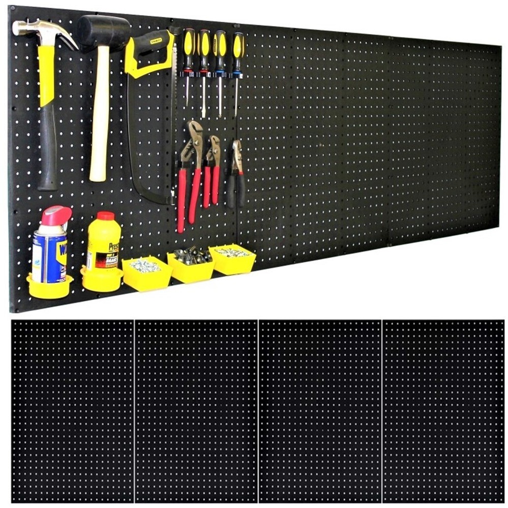 WallPeg 4 Black Plastic Peg Board Panels-96” Wide Garage Tool Pegboard Organizer