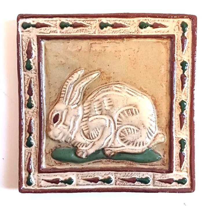 Rabbit 6x6 ceramic  tile, handmade, hand painted, multicolor, notch to hang