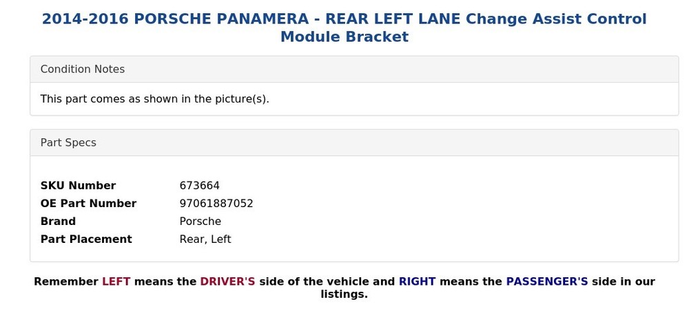 2014-2016 PORSCHE PANAMERA - REAR LEFT LANE Change Assist Control Module Bracket