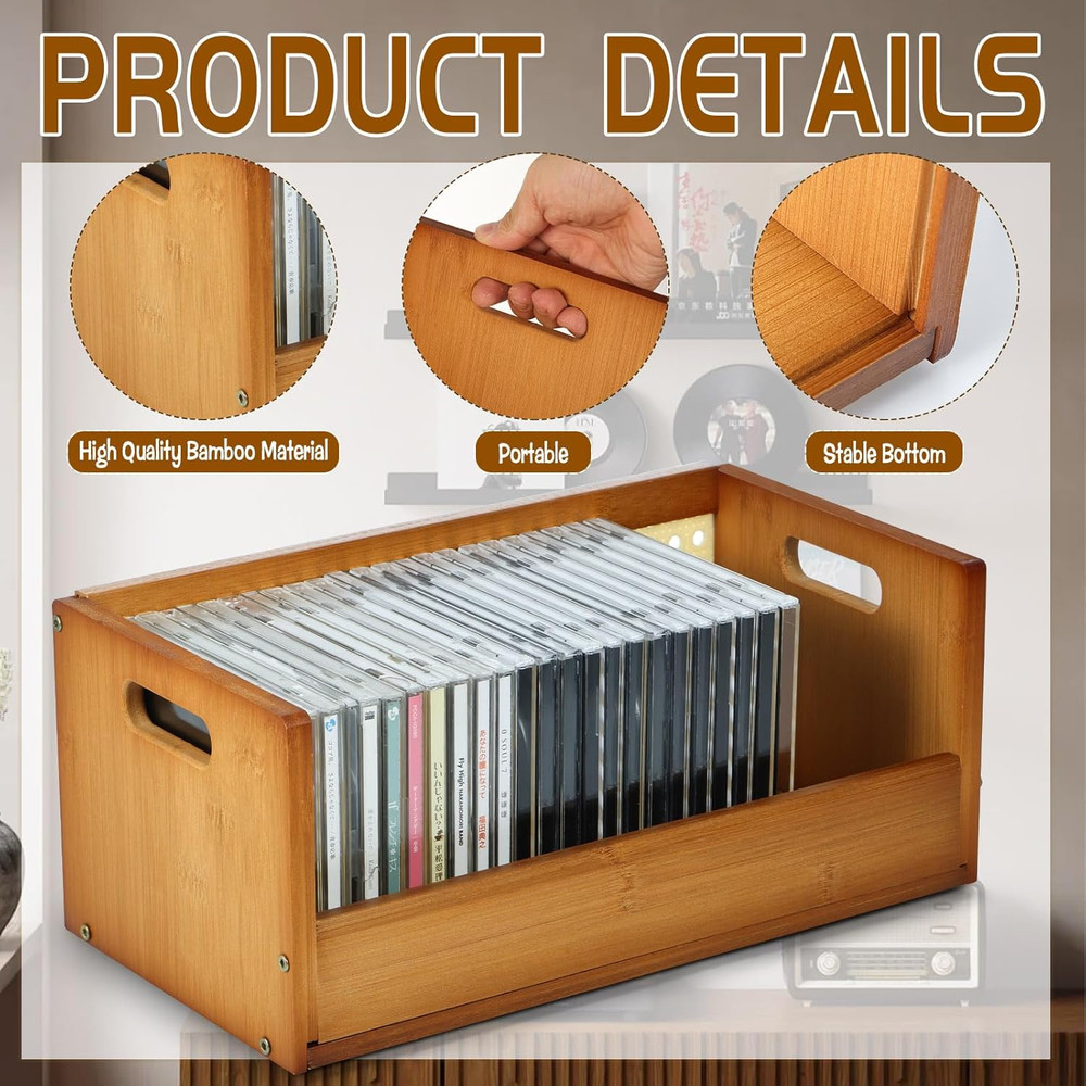 2 Set Bamboo CD Storage Box, Stackable CD Holder Racks Organizer Shelf for Movie
