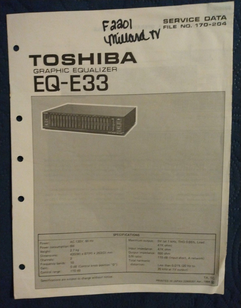 Toshiba EQ-E33 Graphic Equalizer Original Service Repair Manual