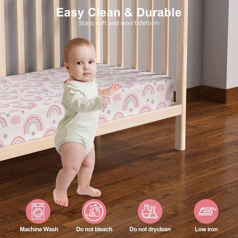 Baby Crib Sheets 2 Pack Pink Rainbow 28x52x8